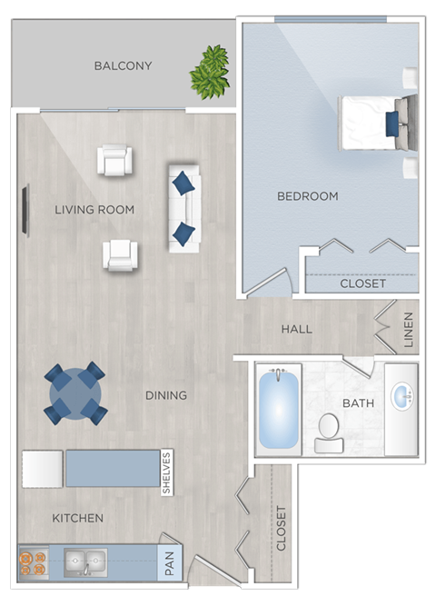 Floor plan for 1 bed, 1 bath